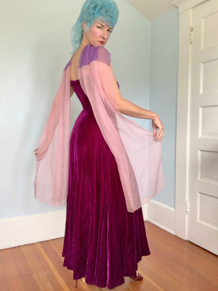 Custom Made 1940s Silk Velvet w/ Silk Chiffon Evening Gown & Shawl