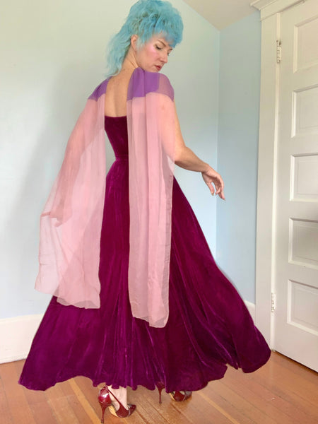 Custom Made 1940s Silk Velvet w/ Silk Chiffon Evening Gown & Shawl