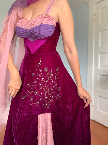 Custom Made 1940s Silk Velvet w/ Silk Chiffon Evening Gown & Shawl