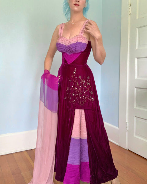 Custom Made 1940s Silk Velvet w/ Silk Chiffon Evening Gown & Shawl