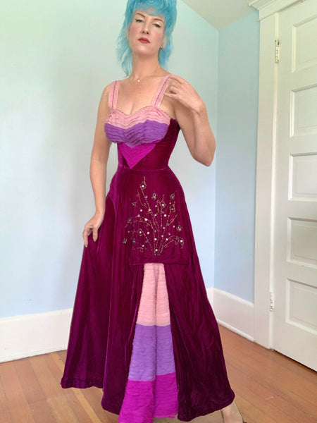 Custom Made 1940s Silk Velvet w/ Silk Chiffon Evening Gown & Shawl