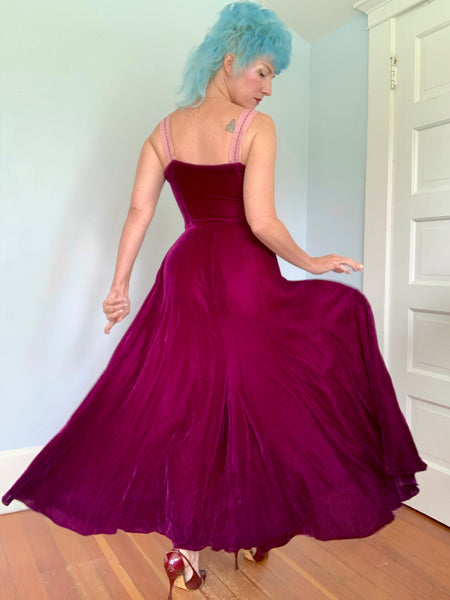 Custom Made 1940s Silk Velvet w/ Silk Chiffon Evening Gown & Shawl