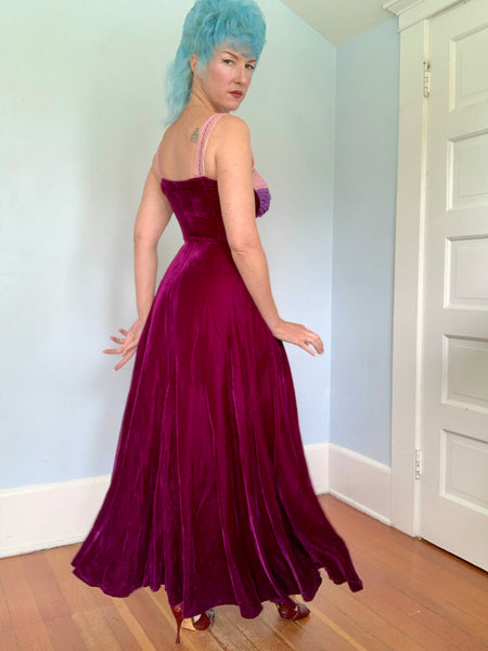 Custom Made 1940s Silk Velvet w/ Silk Chiffon Evening Gown & Shawl
