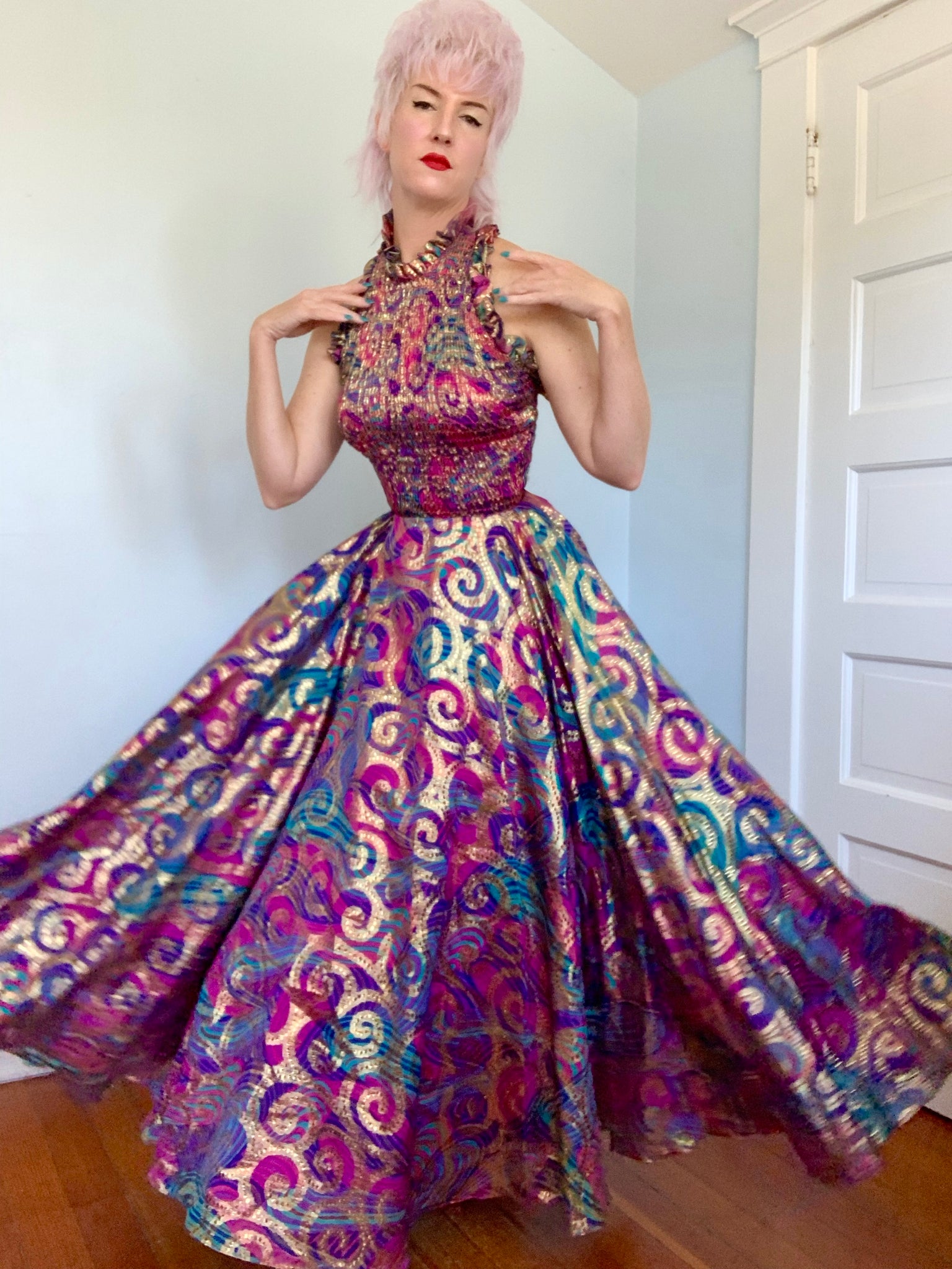 1960s Metallic Dream Halter Maxi Gown