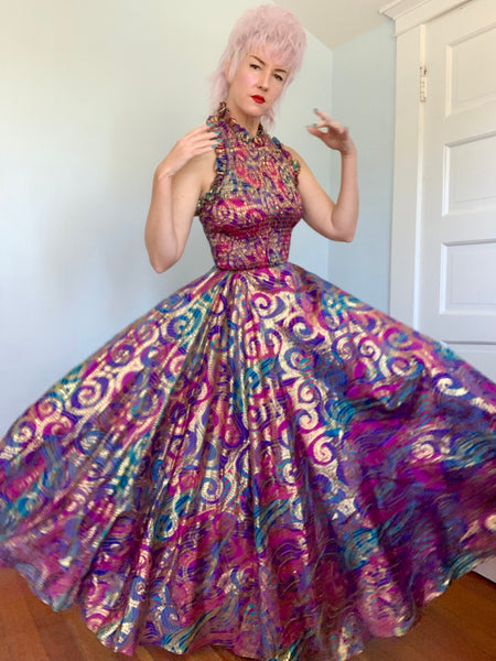 1960s Metallic Dream Halter Maxi Gown