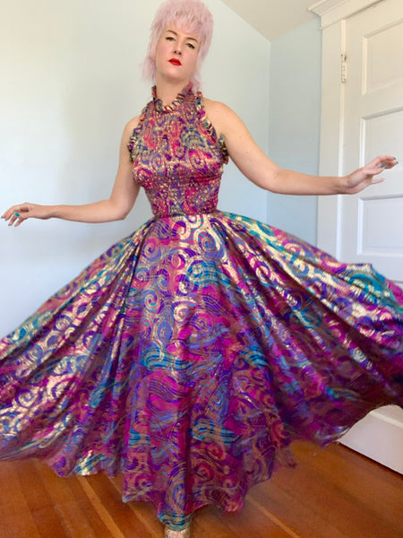 1960s Metallic Dream Halter Maxi Gown