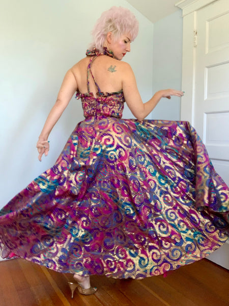 1960s Metallic Dream Halter Maxi Gown