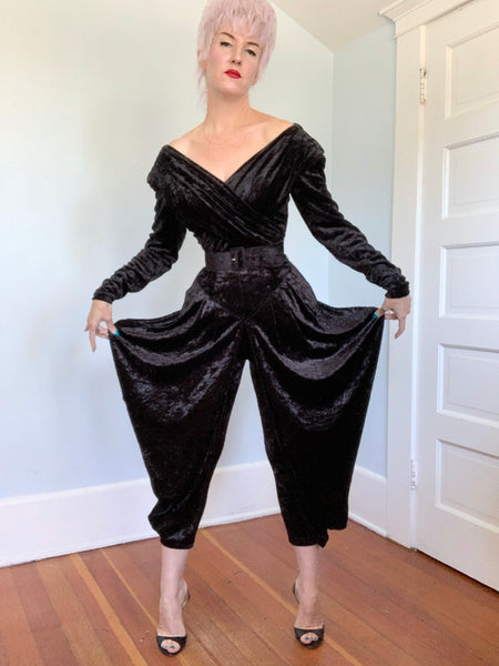1980s Karen Alexander Stretch Velvet Batwing Jumpsuit