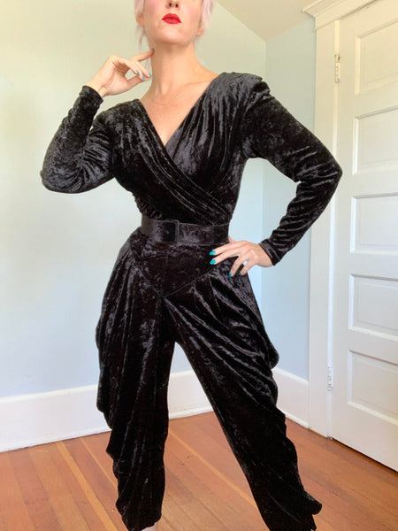 1980s Karen Alexander Stretch Velvet Batwing Jumpsuit