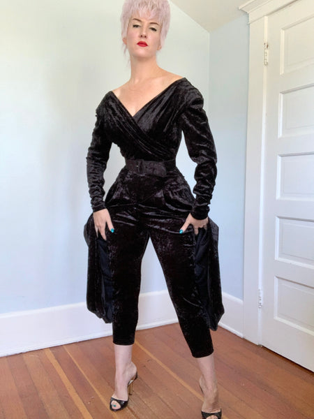 1980s Karen Alexander Stretch Velvet Batwing Jumpsuit