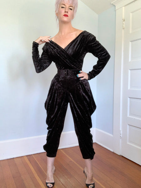 1980s Karen Alexander Stretch Velvet Batwing Jumpsuit