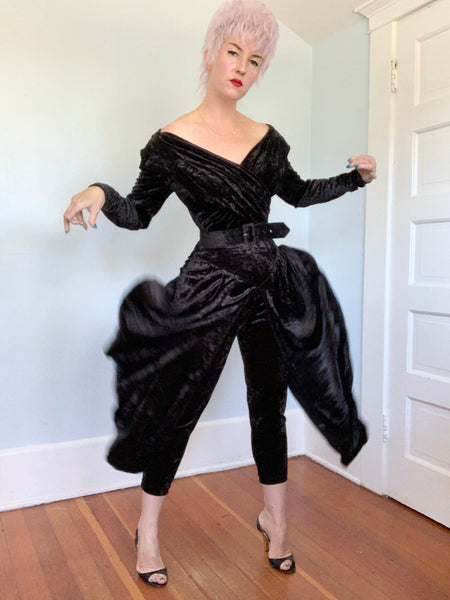 1980s Karen Alexander Stretch Velvet Batwing Jumpsuit