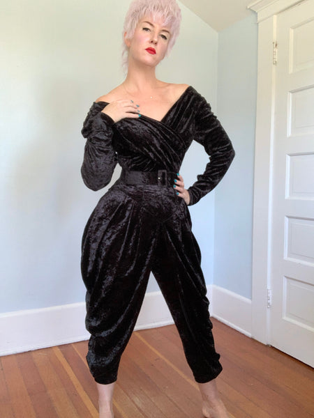 1980s Karen Alexander Stretch Velvet Batwing Jumpsuit