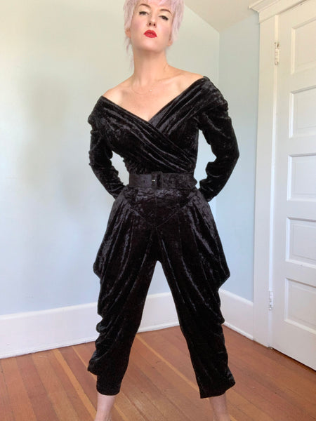 1980s Karen Alexander Stretch Velvet Batwing Jumpsuit