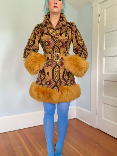 Killer 1960s Penny Lane Tapestry Coat w/ Mongolian Lamb Trim by “Country Pacer”
