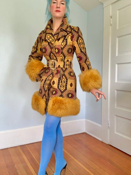 Killer 1960s Penny Lane Tapestry Coat w/ Mongolian Lamb Trim by “Country Pacer”