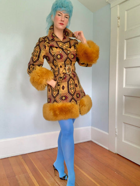 Killer 1960s Penny Lane Tapestry Coat w/ Mongolian Lamb Trim by “Country Pacer”