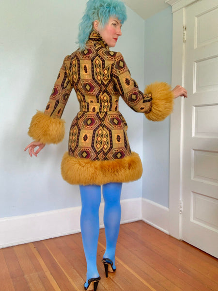 Killer 1960s Penny Lane Tapestry Coat w/ Mongolian Lamb Trim by “Country Pacer”
