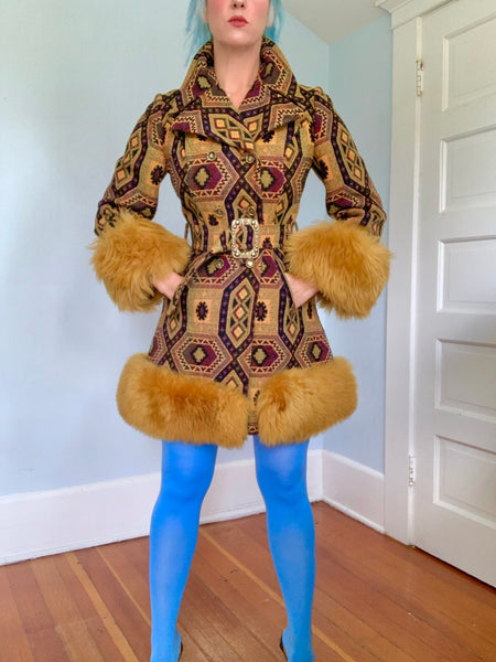 Killer 1960s Penny Lane Tapestry Coat w/ Mongolian Lamb Trim by “Country Pacer”