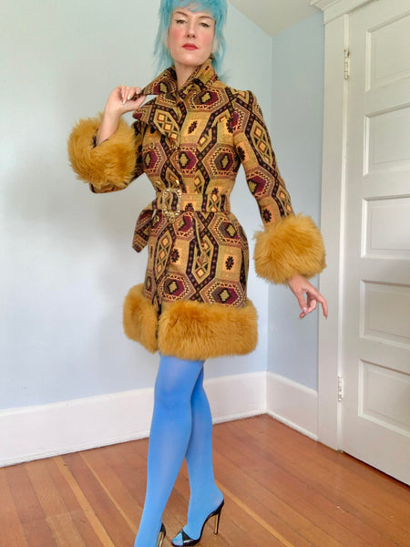 Killer 1960s Penny Lane Tapestry Coat w/ Mongolian Lamb Trim by “Country Pacer”