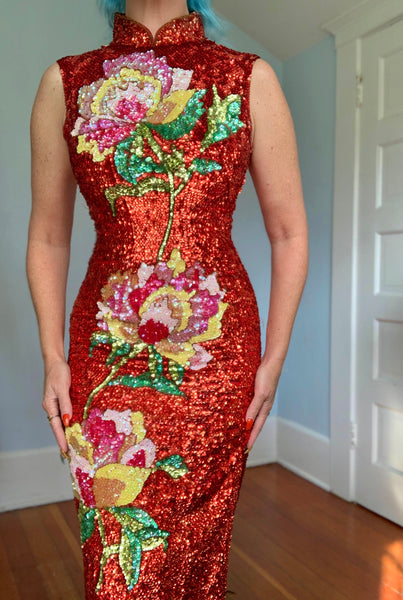 1960s Custom Made Hand Sequined Cheongsam Gown