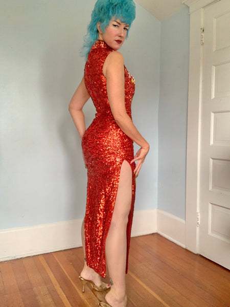 1960s Custom Made Hand Sequined Cheongsam Gown