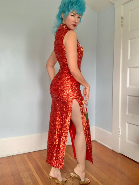 1960s Custom Made Hand Sequined Cheongsam Gown