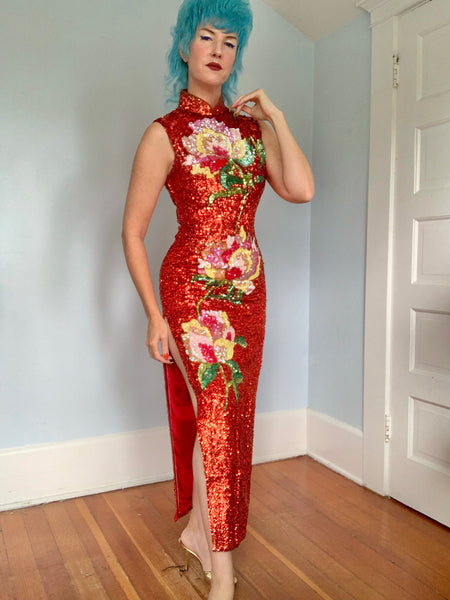 1960s Custom Made Hand Sequined Cheongsam Gown