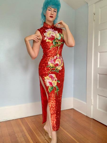 1960s Custom Made Hand Sequined Cheongsam Gown