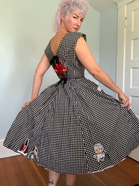 1950s Cotton Day Dress w/ Hand Chain-Stitched “Beetlejuice” Theme by Cecil B. Moxie
