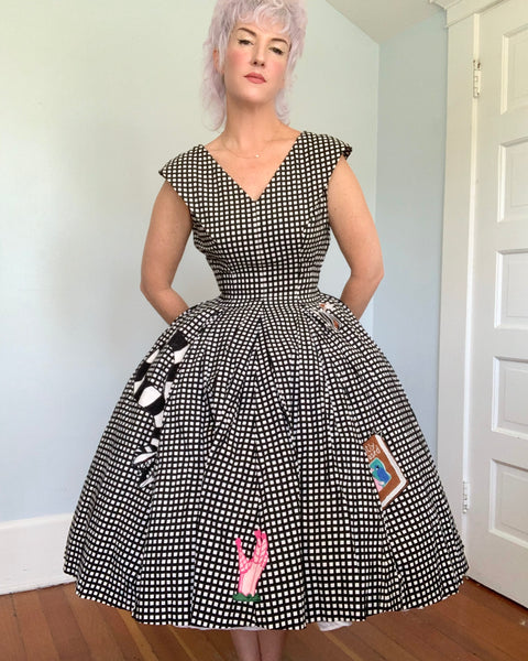 1950s Cotton Day Dress w/ Hand Chain-Stitched “Beetlejuice” Theme by Cecil B. Moxie