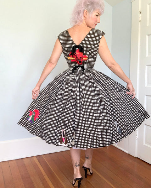 1950s Cotton Day Dress w/ Hand Chain-Stitched “Beetlejuice” Theme by Cecil B. Moxie