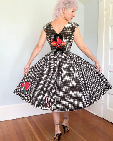 1950s Cotton Day Dress w/ Hand Chain-Stitched “Beetlejuice” Theme by Cecil B. Moxie