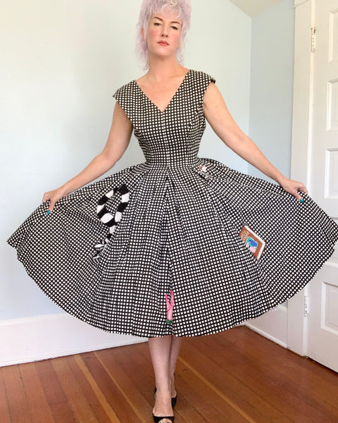 1950s Cotton Day Dress w/ Hand Chain-Stitched “Beetlejuice” Theme by Cecil B. Moxie