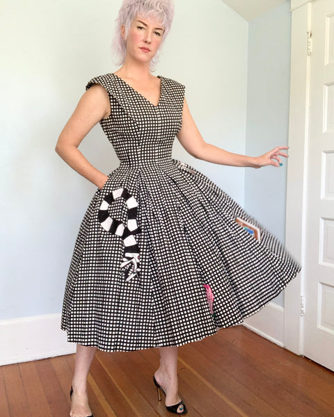 1950s Cotton Day Dress w/ Hand Chain-Stitched “Beetlejuice” Theme by Cecil B. Moxie