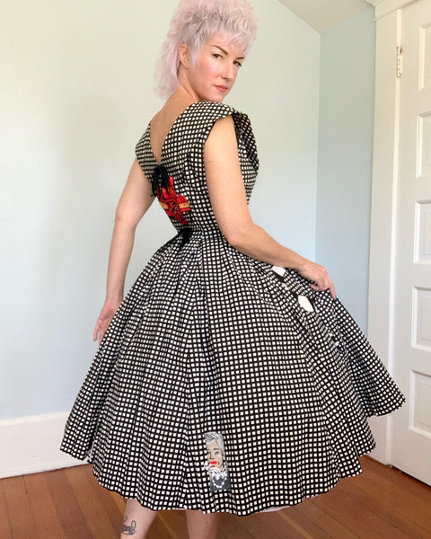 1950s Cotton Day Dress w/ Hand Chain-Stitched “Beetlejuice” Theme by Cecil B. Moxie