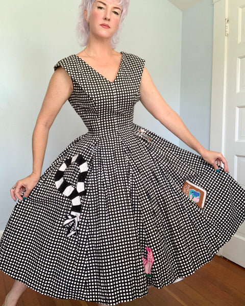 1950s Cotton Day Dress w/ Hand Chain-Stitched “Beetlejuice” Theme by Cecil B. Moxie