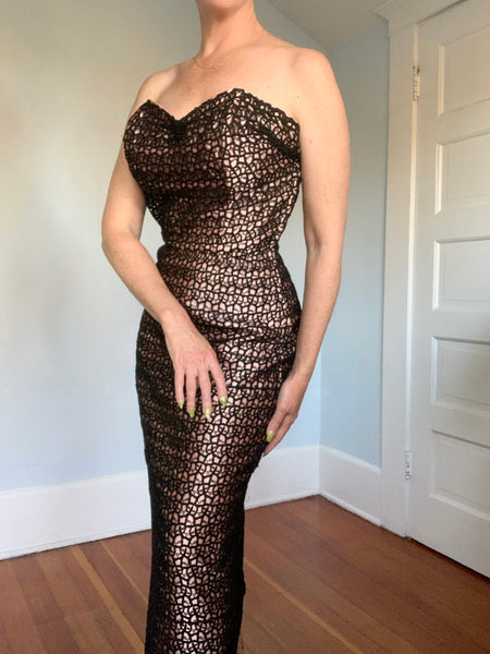 Custom Made 1950s Pink Satin w/ Black Embroidered Lace Overlay Strapless Cocktail Dress