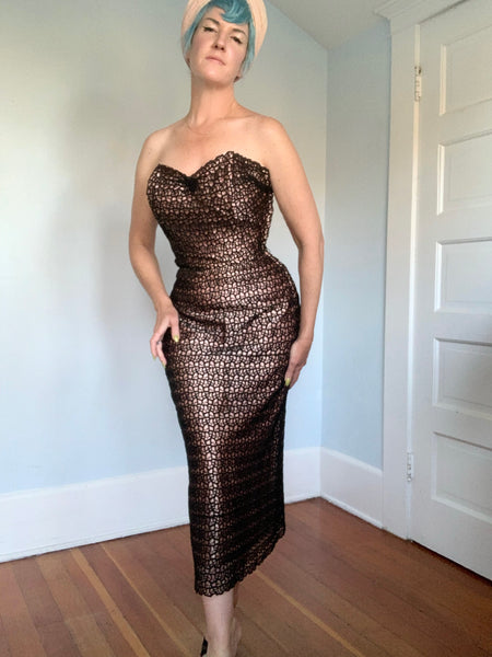 Custom Made 1950s Pink Satin w/ Black Embroidered Lace Overlay Strapless Cocktail Dress