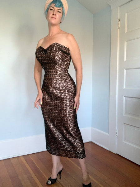 Custom Made 1950s Pink Satin w/ Black Embroidered Lace Overlay Strapless Cocktail Dress