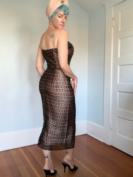 Custom Made 1950s Pink Satin w/ Black Embroidered Lace Overlay Strapless Cocktail Dress