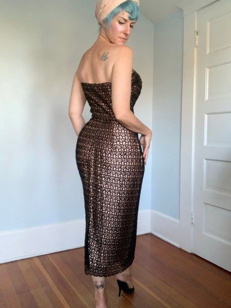 Custom Made 1950s Pink Satin w/ Black Embroidered Lace Overlay Strapless Cocktail Dress