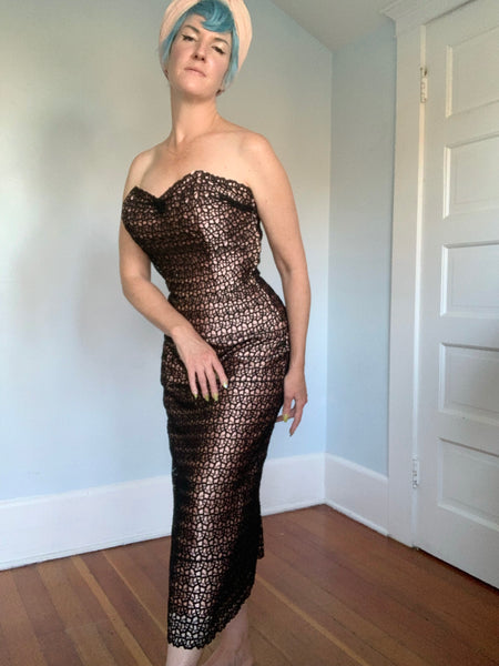 Custom Made 1950s Pink Satin w/ Black Embroidered Lace Overlay Strapless Cocktail Dress