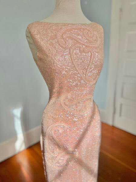 1960s “Gene Shelly’s Boutique Internationale” Bubble Bath Iridescent Pink Fully Sequined Wool Gown