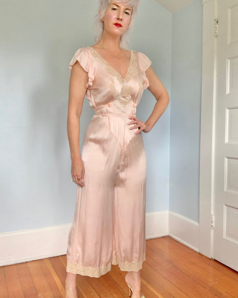 Rare 1930s Silk Boudoir Beach Pajamas Jumpsuit