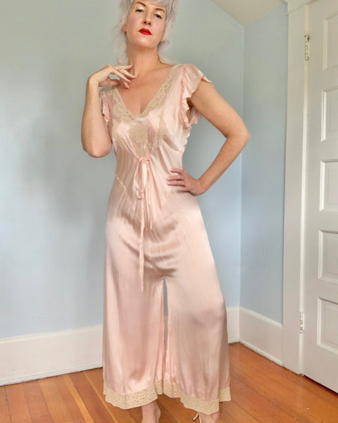 Rare 1930s Silk Boudoir Beach Pajamas Jumpsuit