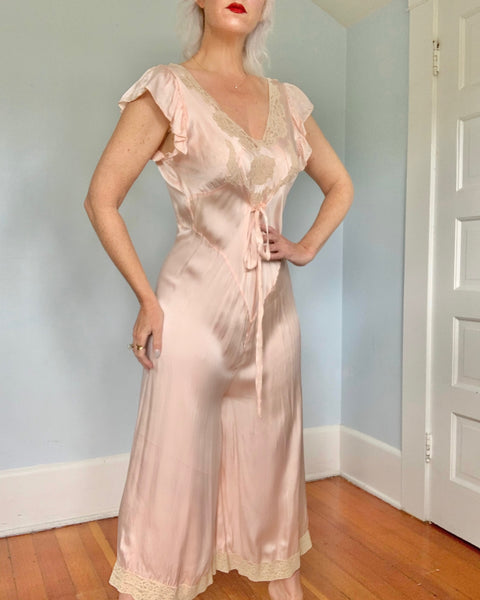 Rare 1930s Silk Boudoir Beach Pajamas Jumpsuit