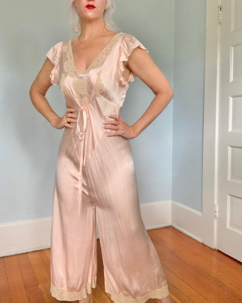 Rare 1930s Silk Boudoir Beach Pajamas Jumpsuit