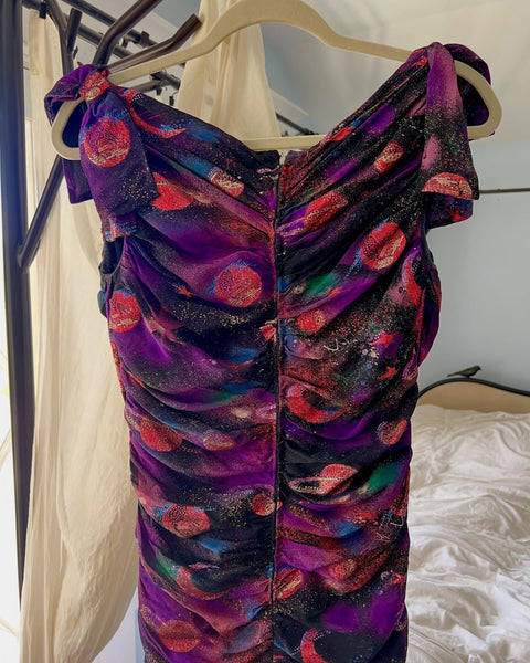 Custom Couture 1950s Silk Chiffon Planets Celestial Novelty Print Cocktail Dress