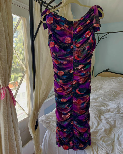 Custom Couture 1950s Silk Chiffon Planets Celestial Novelty Print Cocktail Dress